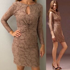 Reiss Clemence Lace Keyhole Knee Length Taupe Ruched Dress size xs